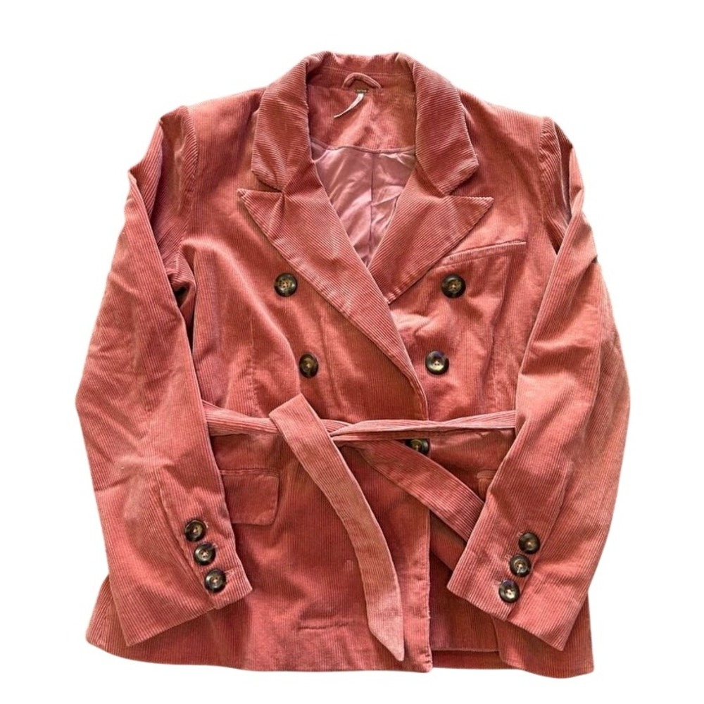 Free People Blazer Womens L Pink Excellent Corduroy Double Breasted Waist Tie